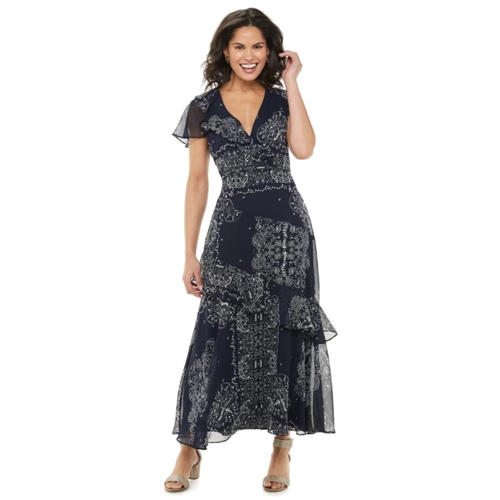 🆕 CHAPS floral ruffle chiffon Maxi Dress Paisley Size 4